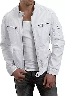 Buy Men's White Leather Jacket Biker Slim Fit Real Retro Lambskin Leather Jacket • 69.43£