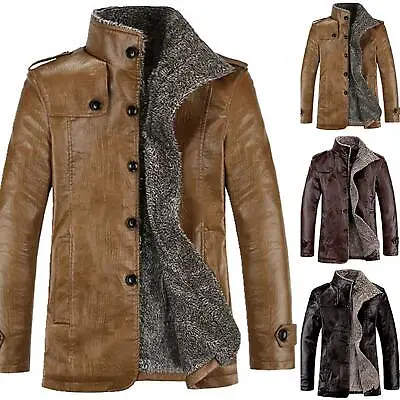 Buy Men Warm Winter Overcoat Leather Lamb Fur Lined Thick Coat Fashion Cowboy Jacket • 37.89£