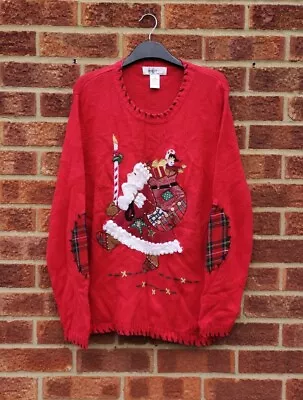 Buy Vtg Red Christmas Jumper Santa Claus Embroidered Tartan Check Sweater L • 30£