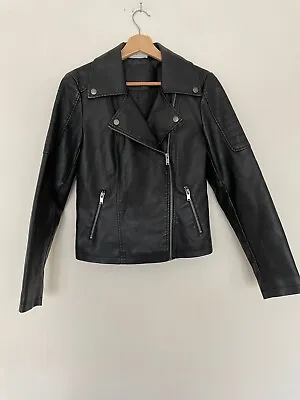 Buy Noisy May Black Biker Jacket Faux Leather Size Medium To Fit Size 10 • 15£