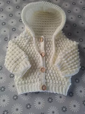 Buy  New Hand Crocheted  Baby  Hooded  Bobble Jacket 0-3mths Cream  Yarn  • 8.50£