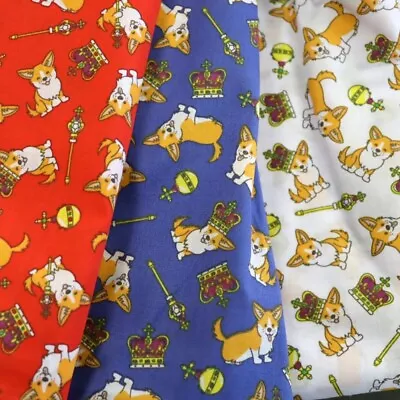 Buy Polycotton Fabric Kings Royal Crown Corgi Dogs • 3.40£