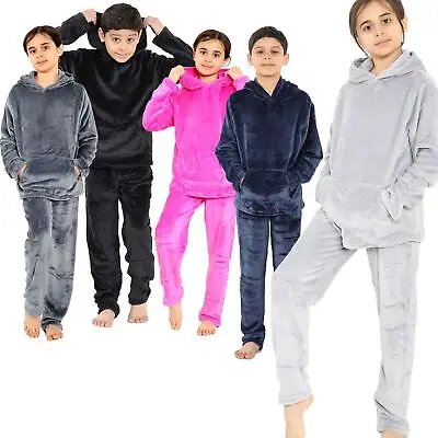 Buy Kids Warm Fleece Hooded Pyjamas For Girls & Boys Sleepover 2 Piece Gift Set • 16.99£