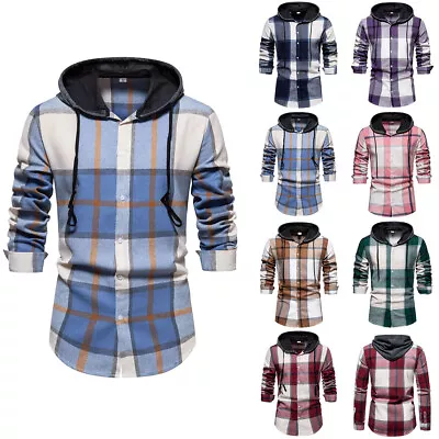 Buy Men's Button Plaid Hoodie Checked Jumper Shirt Casual Long Sleeve Sweatshirt UK • 13.09£