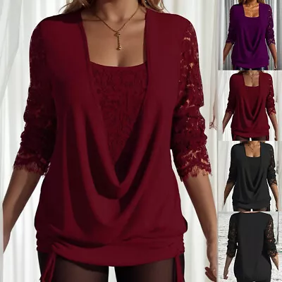 Buy Womens Lace Double Layer  Tunic Tops Ruffle Long Sleeve Blouse T-Shirt Plus Size • 4.39£