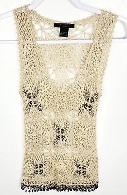 Buy The Limited HandKnit Pullover Copper Bead Top Shirt Open Crochet Beige Shimmer S • 17.16£