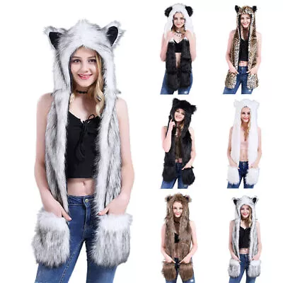 Buy Women Faux Fur Winter Hooded Scarf Gloves Plush Scarves Hat Wrap Shawl Cap Gifts • 12.59£
