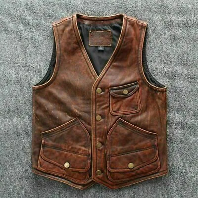 Buy Men's Biker Vintage Tan Brown Vintage Real Leather Motorcycle Vest Jacket • 79.99£