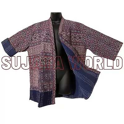 Buy Ajrakh Hand Block Print Kantha Hand Stitch Pure Cotton Jacket Coat Boho M L Xl • 39.95£