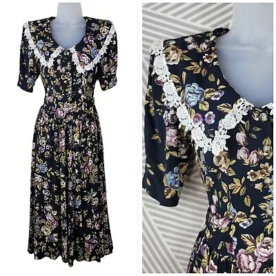 Buy Vintage 80s Shirt Dress Size 2/4 XS/Small Floral Midi Grunge Lace Collar Alt • 34.58£