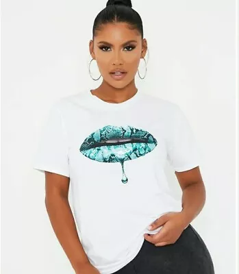 Buy Lovely Ladies Size S/M White T-shirt Green Snakeskin Print Lips Bnwt • 8.99£