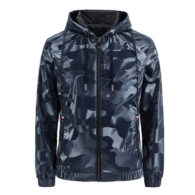 Buy Men's Leather Jacket Camouflage Leather Jacket Hood Thin Men's Clothing Coat • 35.99£