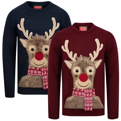 Buy Men's Premium Christmas Jumper Reindeer Rudolph Faux Fur Novelty Xmas Sweater • 24.99£