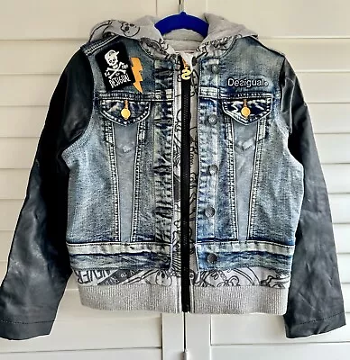 Buy Desigual Boys Denim Hoodie Jacket With Faux Leather Sleeves 7-8 Years Excellent • 25£