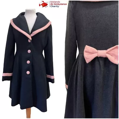 Buy BANNED Apparel Coat Black & Pink Wool Goth 1950s Style Longline Swing Coat Sz 12 • 30£