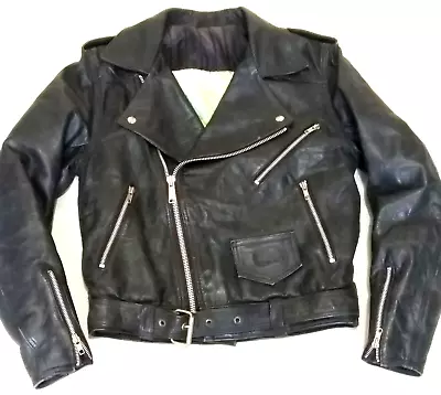 Buy Super Cool Vintage Black Leather Motorcycle Jacket - S - Distressed Biker Rocker • 65£