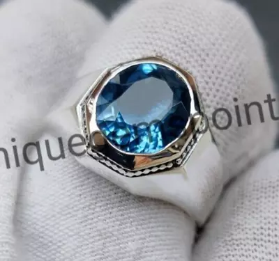 Buy Natural Blue Topaz Gemstone With 925 Sterling Silver Men's Ring Men's Jewelry • 63.12£