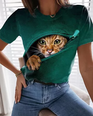 Buy Women's Short Sleeved T-shirt In Green With 3D Cat Print – Size Small • 7£
