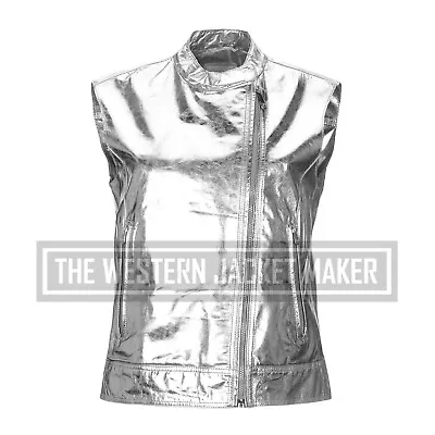 Buy Silver Leather Vest For Women, Sleeveless Leather Jacket Womens, Get Discount • 126.53£