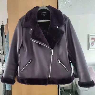 Buy Phase Eight Kya Aviator Jacket Dark Berry Size 16 Faux Leather Faux Fur • 70£