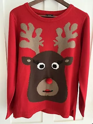 Buy F&F Cute Ladies 14 Reindeer Knitted Christmas Jumper Red Pom Pom Festive • 4.99£