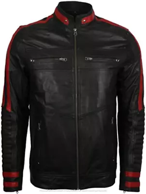 Buy Noora Men's Genuine Lambskin BLACK Leather Jacket Stylish RED Stripe Biker Coat  • 142.80£