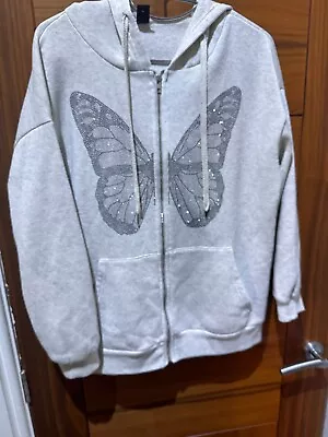 Buy SHEIN Grey Zipped Jacket/Hoodie/Long Sleeve/Full Zip/Rhinestone Butterfly Size M • 3£
