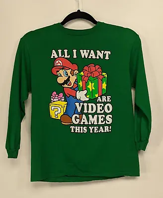 Buy Super Mario All I Want Are Video Games This Year Graphic Green Kids Shirt Size M • 7.82£