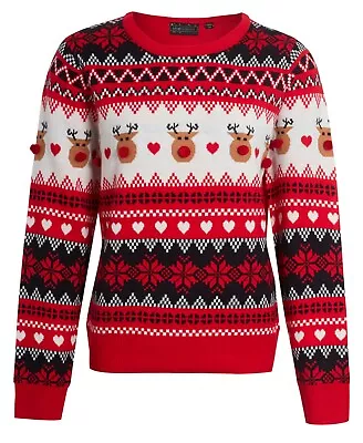 Buy Womens Christmas Jumper Sequin Novelty Long Sleeve Sweater Reindeer Red Black • 14.99£