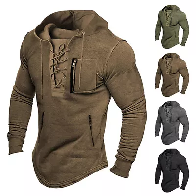 Buy Men Lace-up Pullover Hoodie Hooded Sweatshirt Plain Zip Long Sleeve Jumper Tops~ • 5.99£