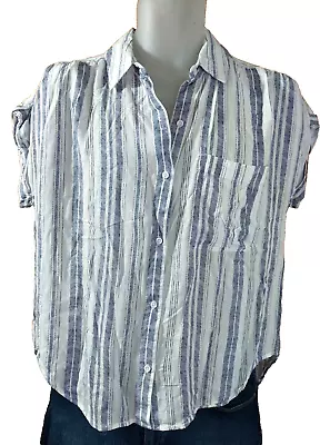 Buy Cloth & Stone Antrhopologie Blue White Striped Button Up Cap Sleeve Blouse Small • 26.95£