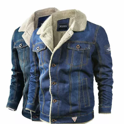 Buy Mens Fleece Lined Winter Warm Jean Coat Trucker Denim Jacket Fur Lapel Collar • 48.28£