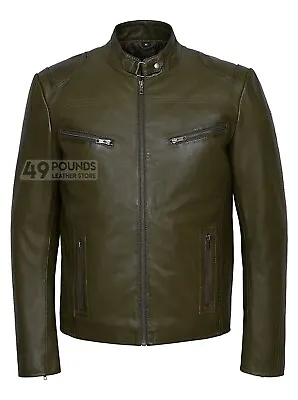 Buy SPEED Mens Racer Leather Jacket Olive Biker Retro Rock Real Leather Jacket SR-02 • 44.10£