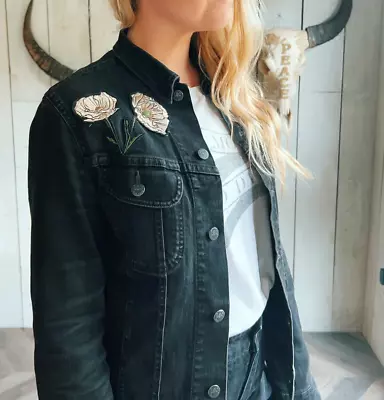 Buy Cutsomize Women Denim Jacket Embroidered Patch With Long Sleeves For Party Wear • 359.99£