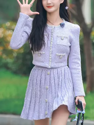 Buy Self Portrai Sequin Rhinestone Long Sleeve Pleated Half Skirt Knitted Top Set Fo • 71.99£