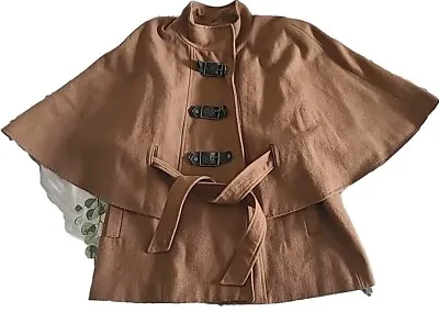 Buy Redherring Wool Blend Brown Cape Mid Length Faux Buckle Jacket Size Medium • 28.95£