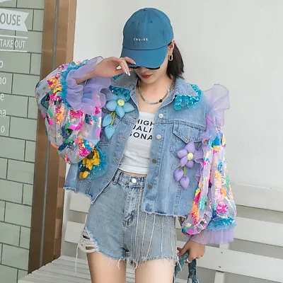 Buy Womens 3D Flower Jeans Coat Loose Fitted Cropped Denim Jacket Fashion Streetwear • 55.68£