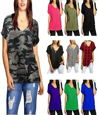 Buy Women's V Neck Baggy Casual Turn Up Sleeve Top Ladies T Shirt Plus Size UK 8-26 • 11.49£