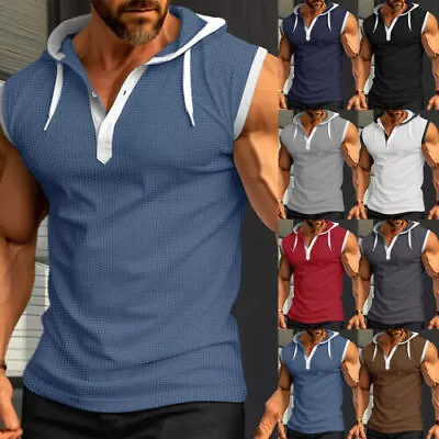 Buy Mens Waffle Hooded Tank Tops Muscle T-Shirt Vest Gym Sleeveless Casual Hoodie UK • 14.69£