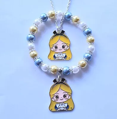 Buy New Disney Alice In Wonderland Glass Bead Bracelet & Charm Necklace In Gift Bag  • 5.99£