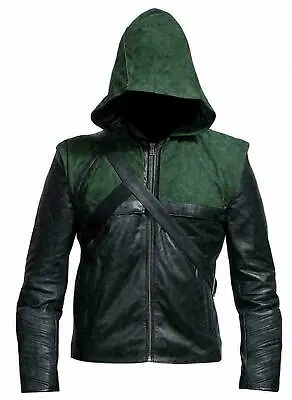 Buy Green Arrow Stephen Harper Hooded Real Leather Stylish Men's Classic Wear Jacket • 130.01£
