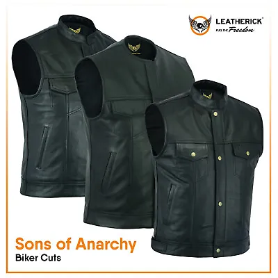 Buy Men Genuine Leather Sons Of Anarchy Motorcycle Vests Black Biker Club Waistcoats • 67.99£