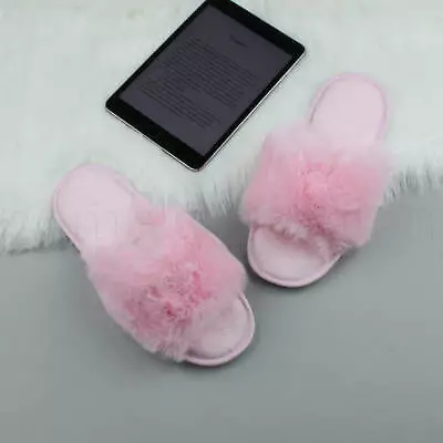 Buy Womens Ladies Faux Fur Open Toe Washable Slippers Fluffy Indoor Sandals Slides • 2.99£