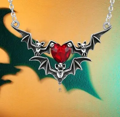 Buy Gothic Red Heart Bat Wing Necklace Halloween Jewellery • 5£