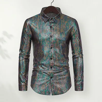 Buy Snakeskin Print Shirt Men Formal Stylish Men's Long-sleeved For Casual Club Wear • 23.33£