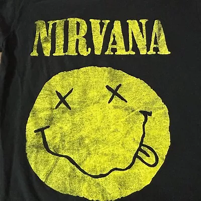 Buy Nirvana Tshirt Womens Medium Black Smiley Face Graphic Tee Boyfriend • 18.89£