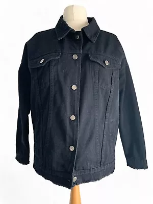 Buy PrettyLittleThing Sz Medium Denim Jacket Black Distressed Cotton Oversized 12-14 • 23£