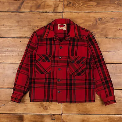 Buy Vintage Wool Jacket L 60s Lumberjack Plaid Overshirt Red Button • 46.65£