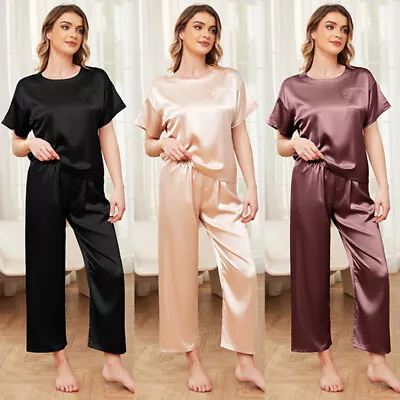 Buy Women Satin Silky Pajama Set Short Sleeve Long Pant Nightwear Soft PJ Loungewear • 8.79£