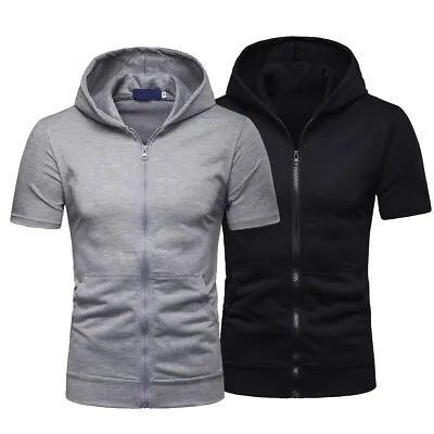 Buy Mens Zip Up Hoodie Blouse Short Sleeve Hooded Zipper Sweatshirt Jacket Coat Tops • 15.46£